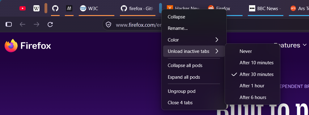 Capsule context menu: collapse, rename, color, collapse all pods, ungroup, close tabs