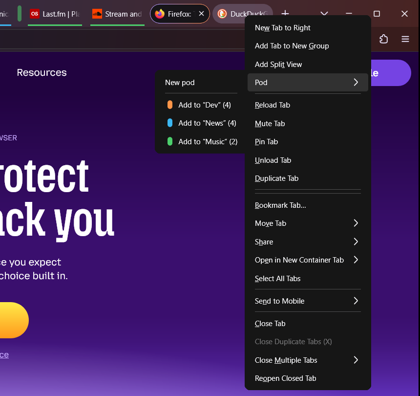 Tab context menu with the Pod submenu: new pod, add to a pod, remove from pod